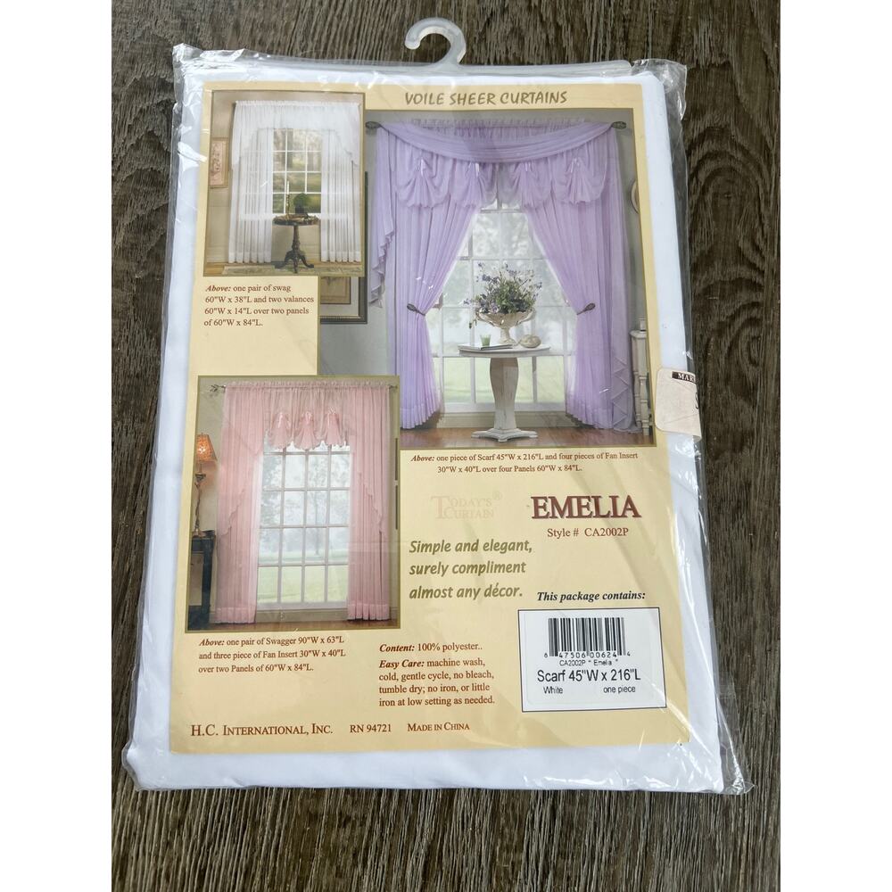Voile sheer Curtain Scarf white Emelia 45”W x 216”L NEW